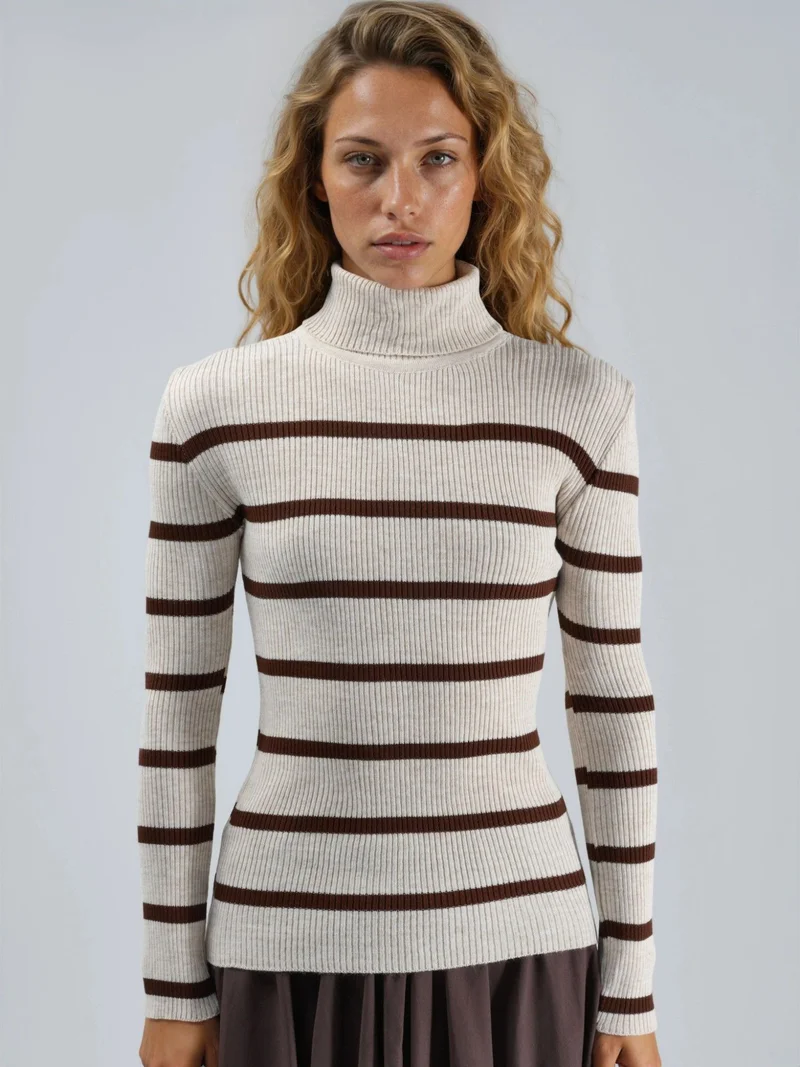 MY FASHION Stone Natural MY FASHION Fitted Striped Ribbed Turtleneck Sweater for Women | Best Price UAE