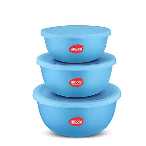 JENSONS Microwave Safe Bowl | Serving Bowl with Lid, Mixing Bowl, Oven Bowl Set Microwave, Flora Stainless Steel Bowl Set of 3 with 600ml, 800ml, 1300ml-Blue - Image 1