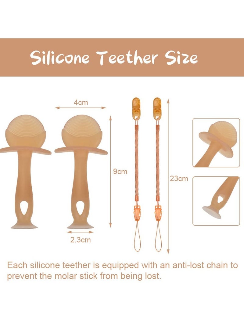 Bebiland 2PCS Teether Toy Silicone Baby Teether with Suction Cup, Baby Teething Toy with 2 Anti-Lost Chain, Teething Ring for 2 Months Above Infant Sore Gums Pain Relief (Brown)  - Image 2