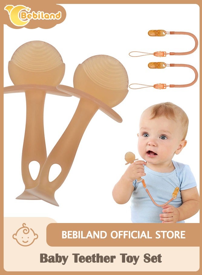 Bebiland 2PCS Teether Toy Silicone Baby Teether with Suction Cup, Baby Teething Toy with 2 Anti-Lost Chain, Teething Ring for 2 Months Above Infant Sore Gums Pain Relief (Brown)  - Image 1