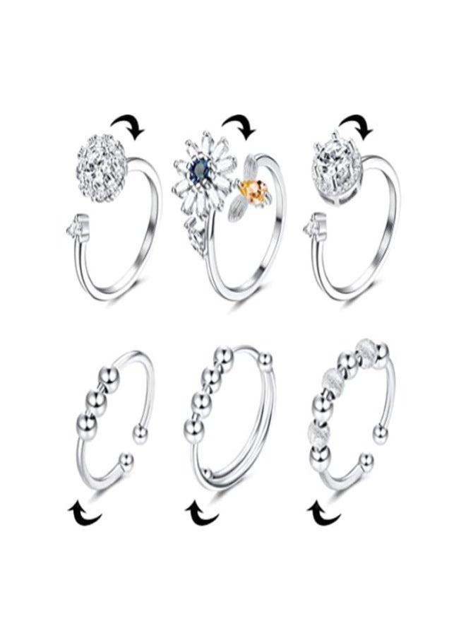 sailimue 6Pcs Fidget Anxiety Rings for Women Men Spinner Fidget Adjustable Rotatable Calming Worry Meditation Ring with Beads Set - Image 1