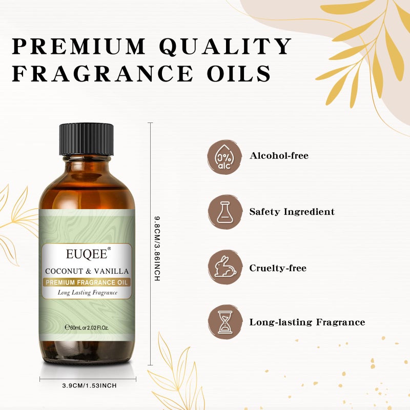 EUQEE Coconut & Vanilla Fragrance Oils, Premium Essential Oils with Glass Dropper for Diffusers, Candle & Soap Making, Bath Bombs (2.02 Fl oz/60 ml) - Image 3
