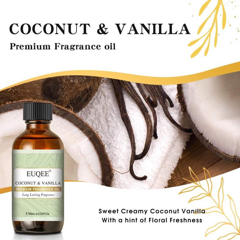 EUQEE Coconut & Vanilla Fragrance Oils, Premium Essential Oils with Glass Dropper for Diffusers, Candle & Soap Making, Bath Bombs (2.02 Fl oz/60 ml) - Image 2