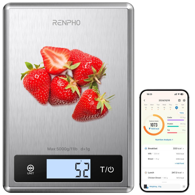 RENPHO Smart Food Kitchen Scale, Food Weight Scale with Nutritional Calculator, Digital Food Scale Grams and Ounces for Weight Loss, Calorie, Macro and Cooking, Stainless Steel - Image 1