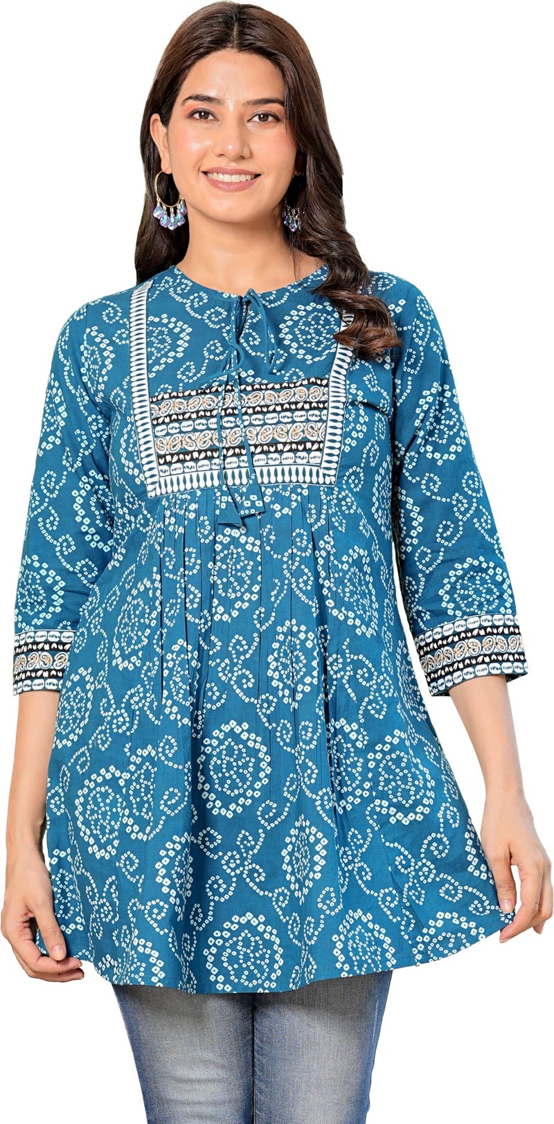 Yash Gallery Women's Cotton Blend Straight Fit Straight Bandhani Short Kurta Tops Blue - Image 1