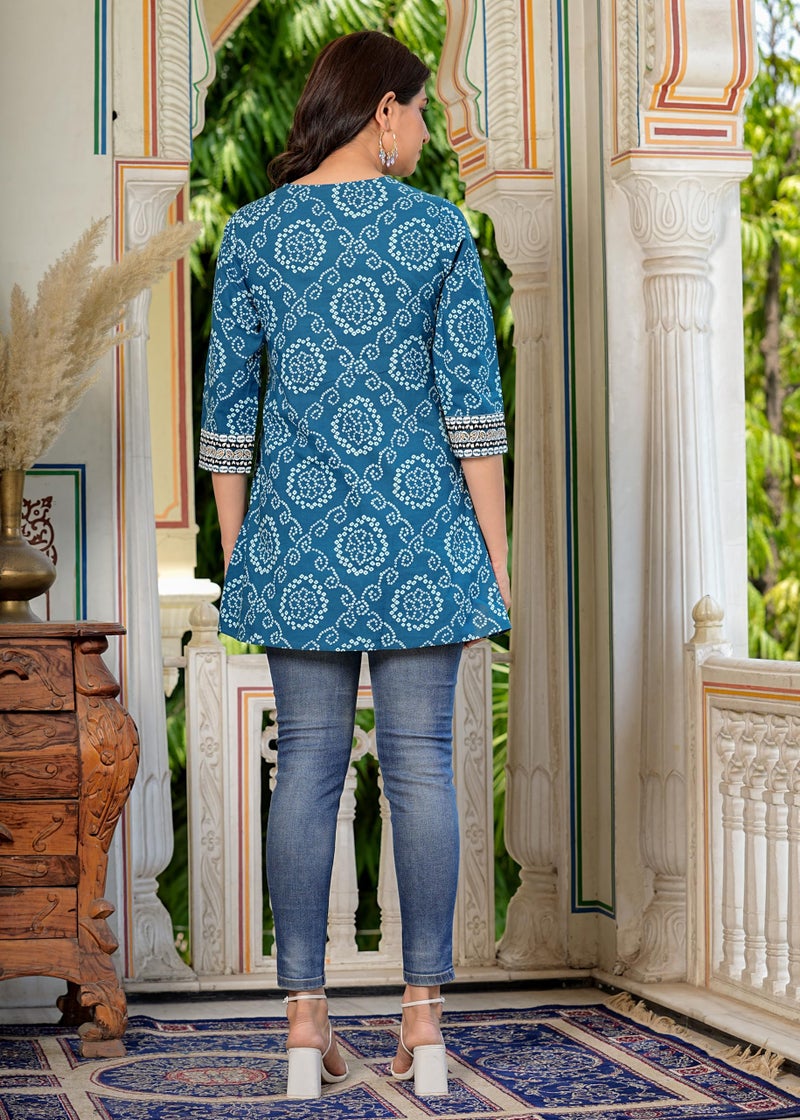 Yash Gallery Women's Cotton Blend Straight Fit Straight Bandhani Short Kurta Tops Blue - Image 5