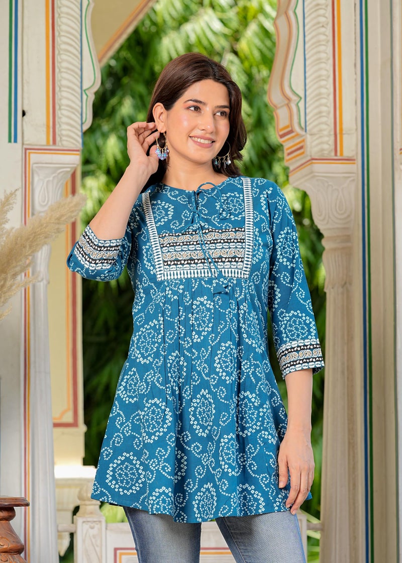 Yash Gallery Women's Cotton Blend Straight Fit Straight Bandhani Short Kurta Tops Blue - Image 2