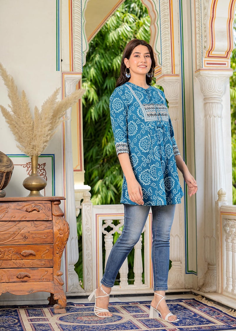 Yash Gallery Women's Cotton Blend Straight Fit Straight Bandhani Short Kurta Tops Blue - Image 3