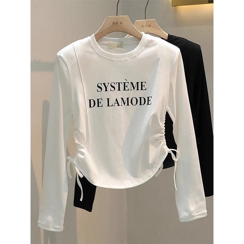 Girls' T-Shirt Korean Style Letter Print Drawstring Long Sleeve Children'S Fashionable Bottoming Shirt For Medium And Large Children - Image 2
