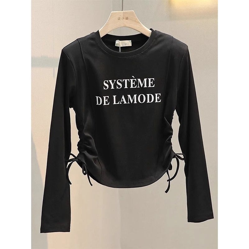 Girls' T-Shirt Korean Style Letter Print Drawstring Long Sleeve Children'S Fashionable Bottoming Shirt For Medium And Large Children - Image 3