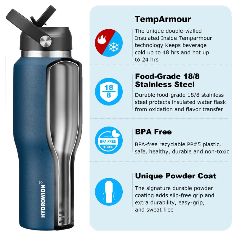 HYDROWION 32oz Stainless Steel Water Bottle(Cold for 48 Hrs, Hot for 24 Hrs), Double Wall Vacuum Insulated Water Flask with Straw Lid, Spout Lid and Flex Cap, Fit in Any Car Cup Holder, Cobalt - Image 2