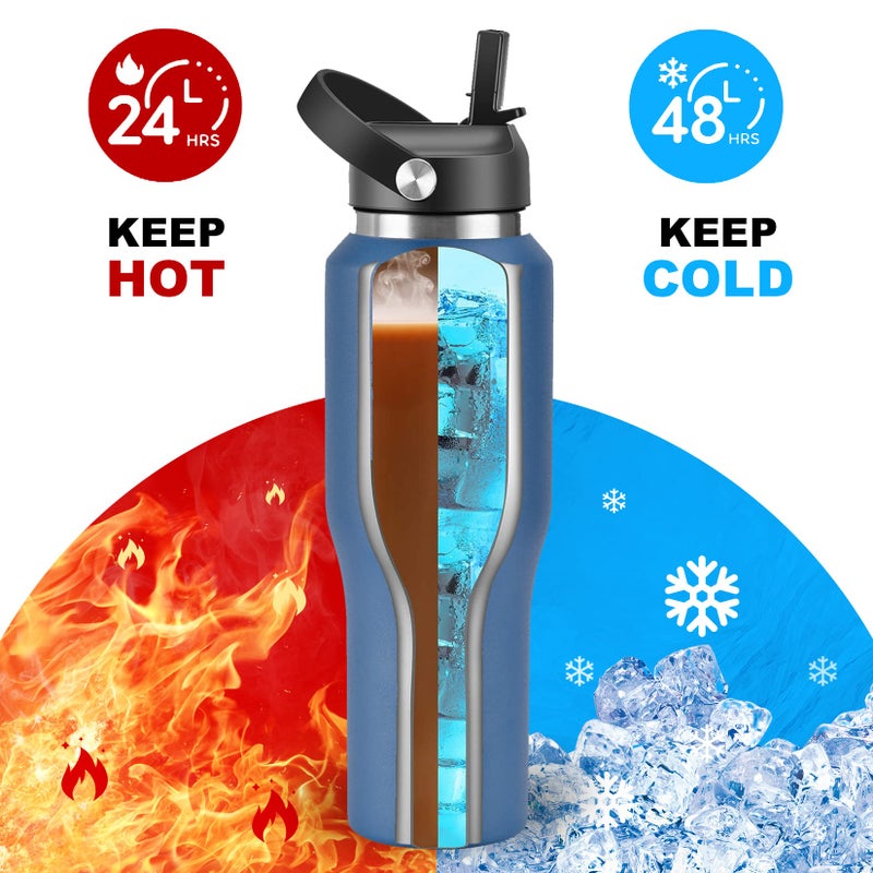 HYDROWION 32oz Stainless Steel Water Bottle(Cold for 48 Hrs, Hot for 24 Hrs), Double Wall Vacuum Insulated Water Flask with Straw Lid, Spout Lid and Flex Cap, Fit in Any Car Cup Holder, Cobalt - Image 3