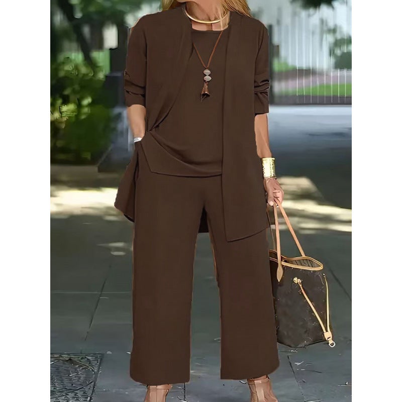 European and American Foreign Trade Cross-border Autumn and Winter All-match Solid Color Casual Commuter Trousers Long-sleeved Cardigan Jacket Vest Three-piece Set for Women Gray - Image 2