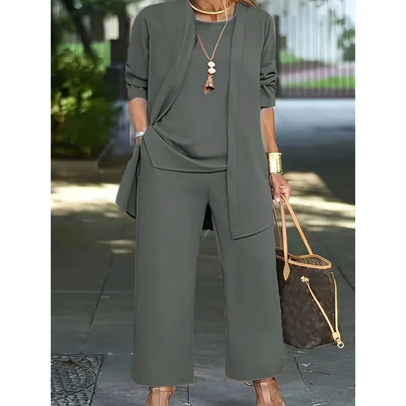 European and American Foreign Trade Cross-border Autumn and Winter All-match Solid Color Casual Commuter Trousers Long-sleeved Cardigan Jacket Vest Three-piece Set for Women Gray - Image 1