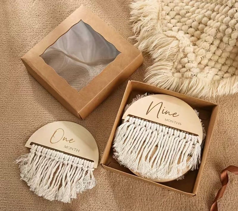 Haoser Wooden Baby Macrame Milestone Discs|Beautiful Monthly Milestone Markers|Handmade Gift For Baby Photo Shoot Props|Baby Milestone Cards|,1 Count - Image 3