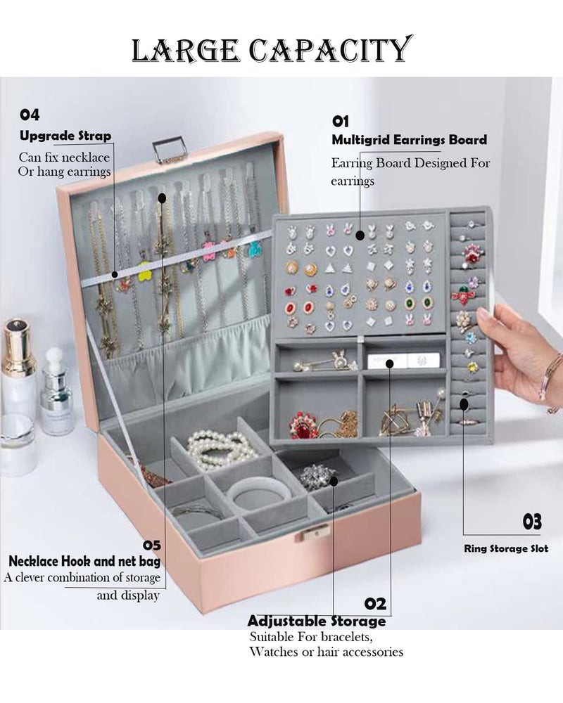 KRETIX PU Leather Double Layers Jewelry Box Organizer for Women Girls Wife Ladies Kids Jewelry Case with Lock for Earrings, Necklaces, Bracelets, Bangles (1Pc,Pink) - Image 2