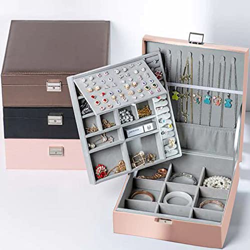 KRETIX PU Leather Double Layers Jewelry Box Organizer for Women Girls Wife Ladies Kids Jewelry Case with Lock for Earrings, Necklaces, Bracelets, Bangles (1Pc,Pink) - Image 4