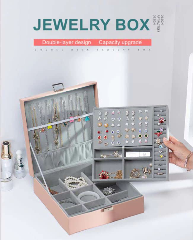 KRETIX PU Leather Double Layers Jewelry Box Organizer for Women Girls Wife Ladies Kids Jewelry Case with Lock for Earrings, Necklaces, Bracelets, Bangles (1Pc,Pink) - Image 3