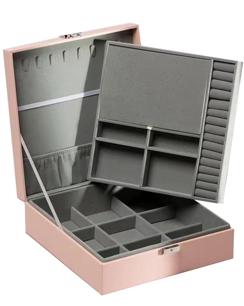 KRETIX PU Leather Double Layers Jewelry Box Organizer for Women Girls Wife Ladies Kids Jewelry Case with Lock for Earrings, Necklaces, Bracelets, Bangles (1Pc,Pink) - Image 1