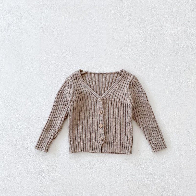 Autumn Kids Bear Print Top  High-Waist Pants Set with Knit Cardigan Apricot (Coat) - Image 1