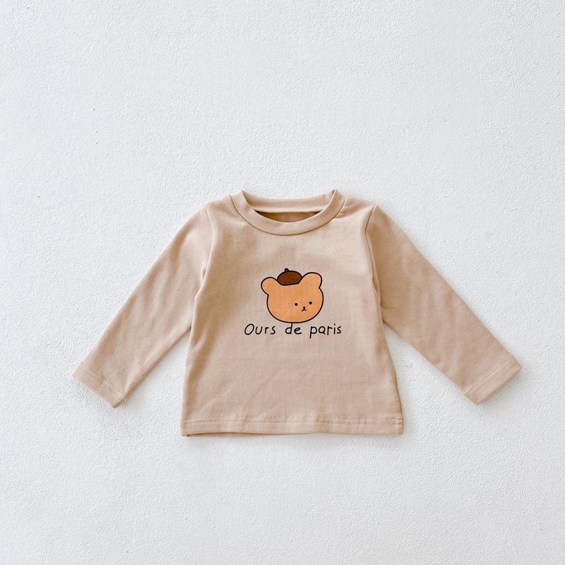 Autumn Kids Bear Print Top  High-Waist Pants Set with Knit Cardigan Apricot (Coat) - Image 3
