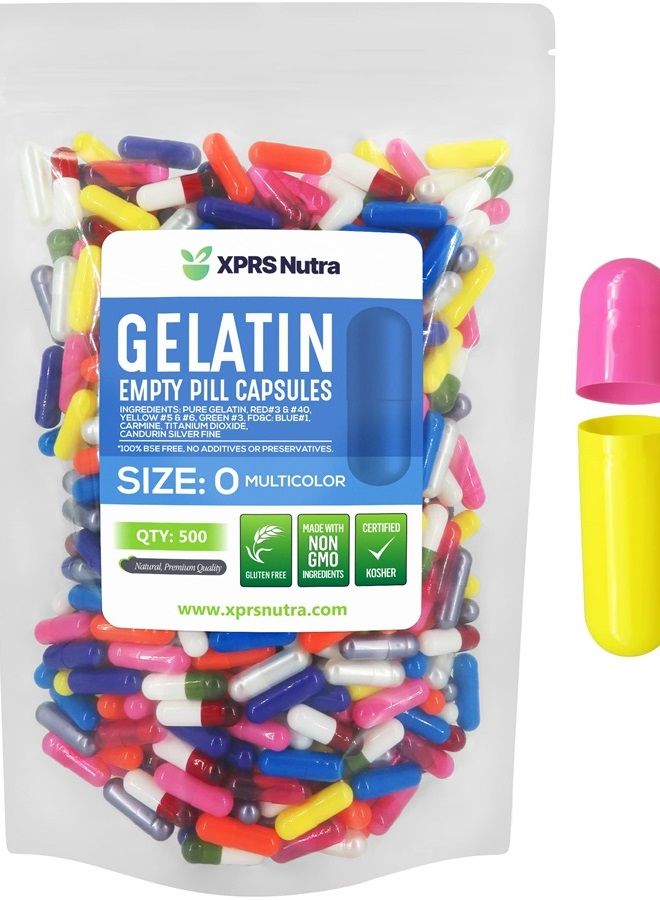 XPRS Nutra Size 0 Empty Capsules - 500 Count Empty Gelatin Capsules - Empty Pill Capsules - DIY Capsule Filling - Pure Bovine Pill Capsules Empty Gel Caps (Multi Color)