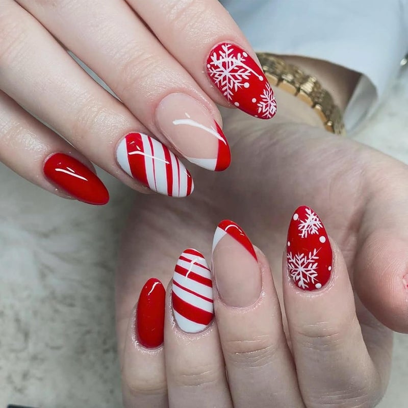 24Pcs Christmas False Nails Almond Press on Nails Red White Fake Nails with Snowflake Xmas Full Cover Acrylic False Nails with Jelly Adhesive Tape