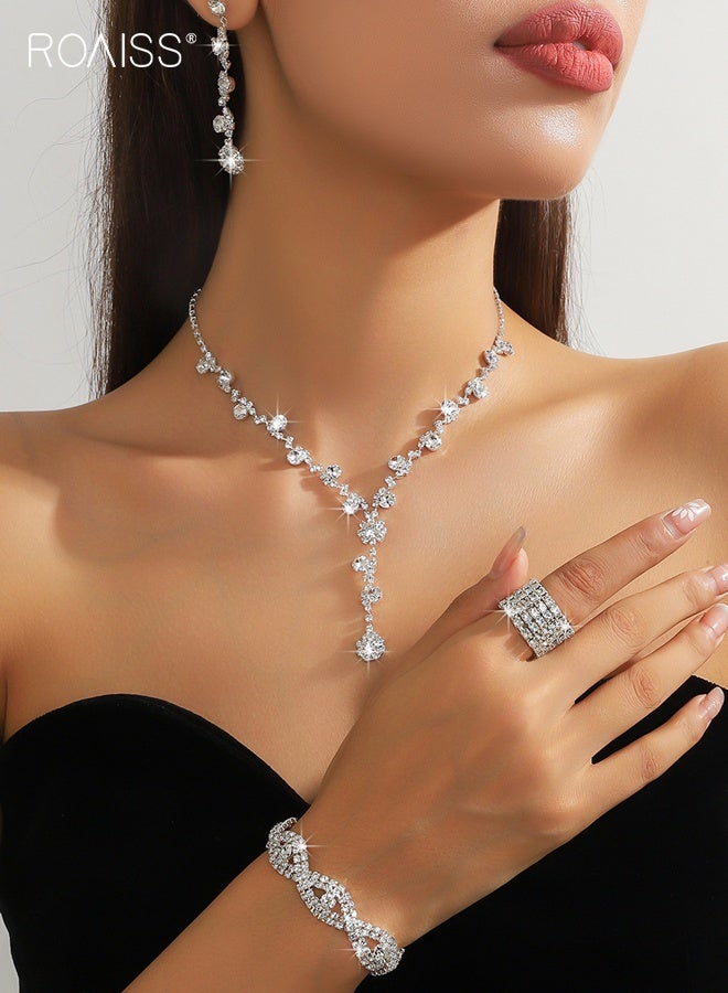 رويس مجموعة نسائية مكونة من قلادات وأقراط وسوار وخاتم مكونة من أربع قطع، مجوهرات أنيقة متألقة لحفلات الزفاف والمناسبات الخاصة، فكرة هدية - Image 1