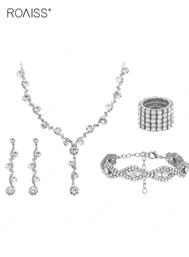 رويس مجموعة نسائية مكونة من قلادات وأقراط وسوار وخاتم مكونة من أربع قطع، مجوهرات أنيقة متألقة لحفلات الزفاف والمناسبات الخاصة، فكرة هدية - Image 2