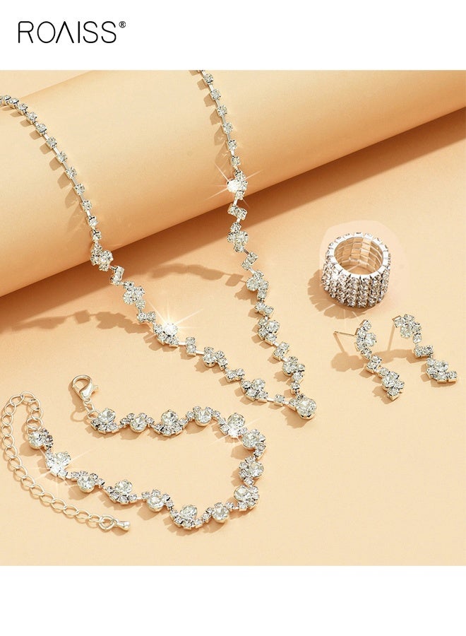 رويس مجموعة نسائية مكونة من قلادات وأقراط وسوار وخاتم مكونة من أربع قطع، مجوهرات أنيقة متألقة لحفلات الزفاف والمناسبات الخاصة، فكرة هدية - Image 5