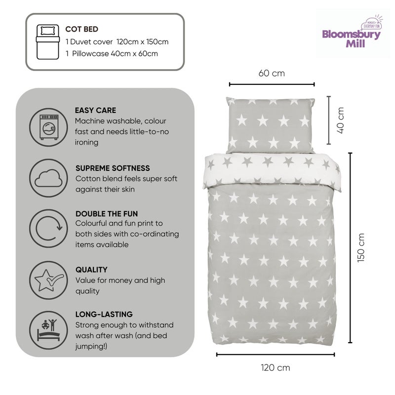 Bloomsbury Mill Bloomsbury Mill - Cot Bed Duvet Cover Set - Toddler Bedding Set For Boys and Girls - Grey and White Stars Kids Bedding - Cot Duvet Cover & Pillow Case Set - 120x150cm - Image 2
