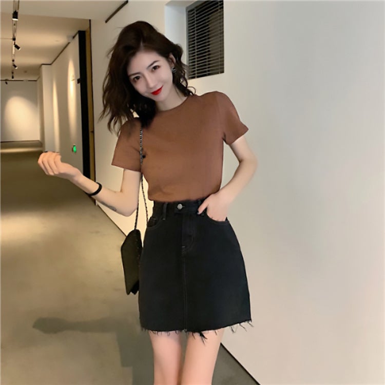 Sweet and Spicy Style Womens 2022 Short Short Sleeve Candy Color High Waist Navel Exposure Solid Color Top Girls Summer T-shirt for Students Brown