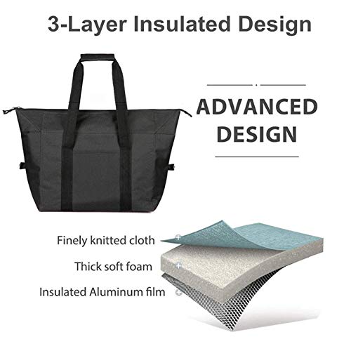 DoroSun Insulated Shopping Cooler Bags with Zippered Top for Groceries, Reusable Thermal Foam Tote Bag for Travel, Picnic or Lunch Foods, Black - Image 3