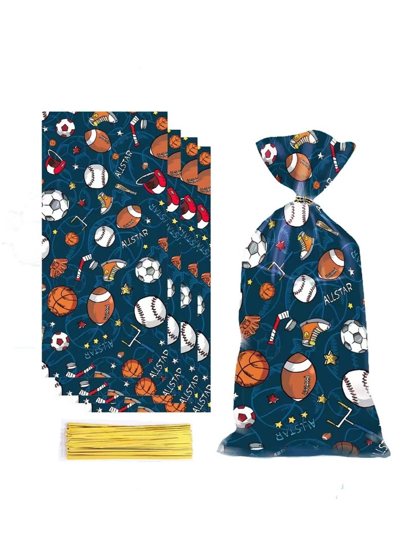 KASTWAVE 50 Cellophane Treat Bags with Twist Ties, Baseball, Soccer, Football, Basketball Themed Goodies for Birthdays - Image 1