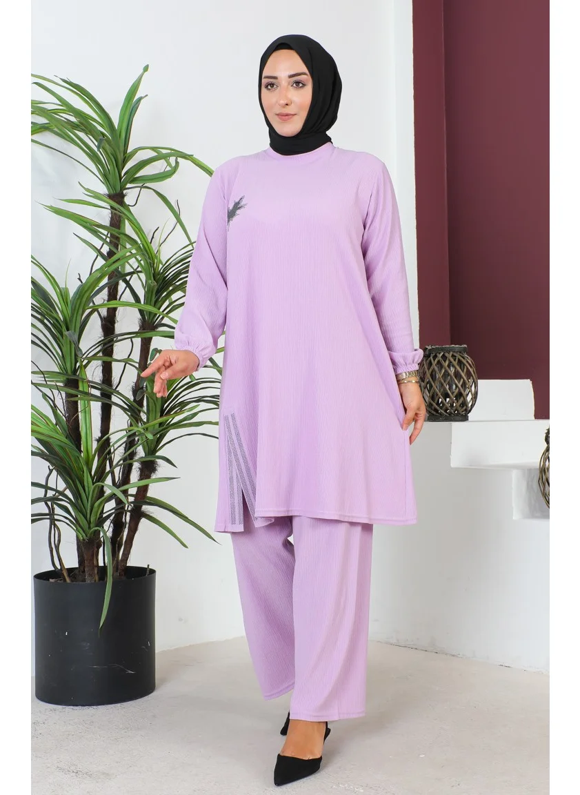 Sefa Merve Plus Size Crepe Tunic Trousers Two Piece Set 2608-10 Lilac