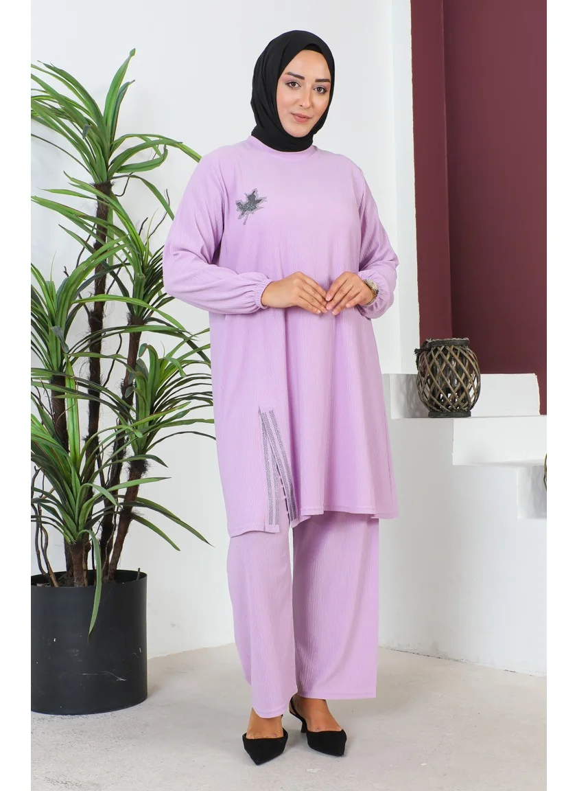 Sefa Merve Plus Size Crepe Tunic Trousers Two Piece Set 2608-10 Lilac