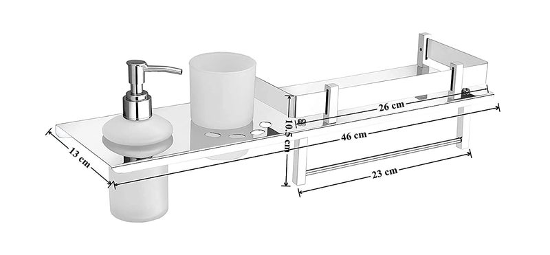 FERIO Stainless Steel Bathroom Shelf 4-in-1 Wall Mount with Towel Holder, Soap Dispenser and Tumbler Stand | Rust Proof Multipurpose Rack for Bathroom Storage (15x6 Inch, Silver) - Image 4