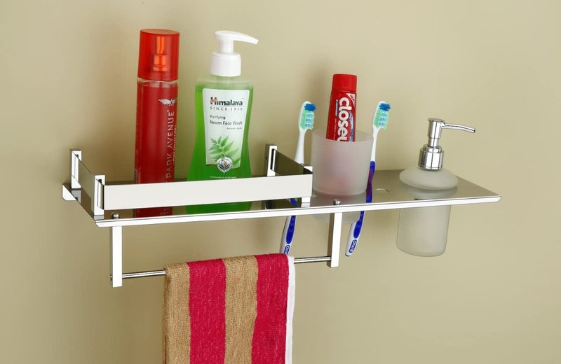 FERIO Stainless Steel Bathroom Shelf 4-in-1 Wall Mount with Towel Holder, Soap Dispenser and Tumbler Stand | Rust Proof Multipurpose Rack for Bathroom Storage (15x6 Inch, Silver) - Image 2