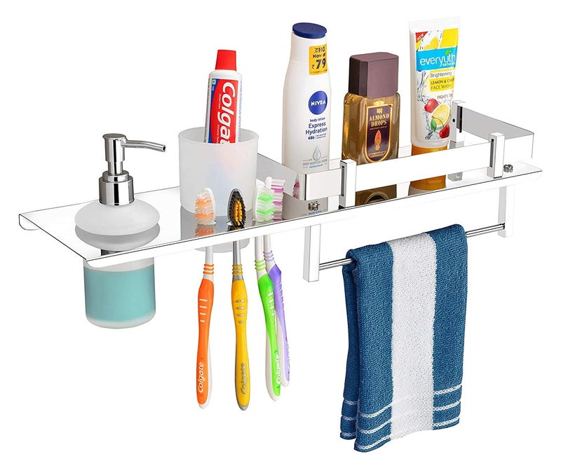 FERIO Stainless Steel Bathroom Shelf 4-in-1 Wall Mount with Towel Holder, Soap Dispenser and Tumbler Stand | Rust Proof Multipurpose Rack for Bathroom Storage (15x6 Inch, Silver) - Image 3