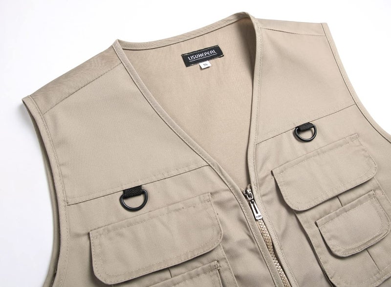 LISUHEPEAL Men's Fishing Vest Summer Outdoor Work Safari Travel Photo Khaki Vests with Multi Zipper Pockets For Men (S18-Khaki, XXL) - Image 3