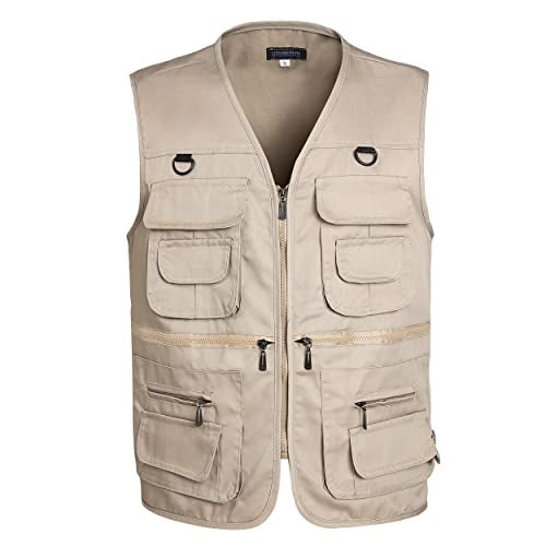 LISUHEPEAL Men's Fishing Vest Summer Outdoor Work Safari Travel Photo Khaki Vests with Multi Zipper Pockets For Men (S18-Khaki, XXL) - Image 1