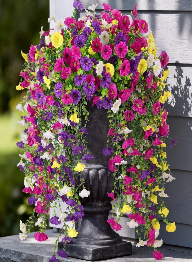Hrobek Artificial Hanging Petunias Flowers for Outdoor, 8pcs Fake Plants Long Vine Morning Glory Eucalyptus, UV Resistant Realistic Faux Greenery Outside Patio Porch Garden Spring Summer Decor, Mix Color - Image 1