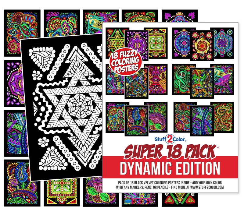 Stuff2Color Super Pack of 18 Fuzzy Velvet Coloring Posters (Dynamic Edition) - Great for Family Time, Arts & Crafts, Travel, At Home, Care Facilities [All Ages Coloring: Girls, Boys, Adults, Toddlers, Teens] - Image 1