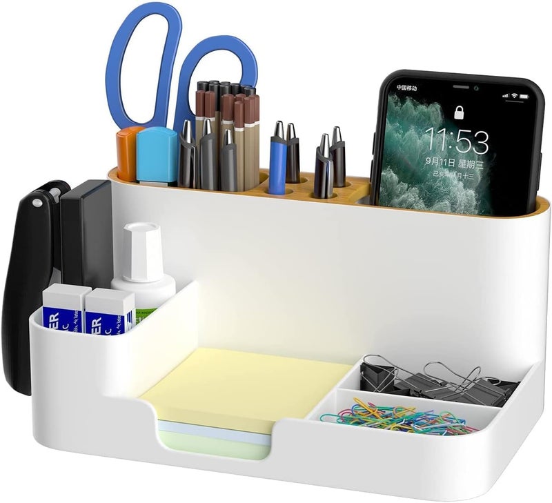 NowExp Desk Organizer With Pen & Pencil Holders, 7 Compartments, Plastic Office Organiser, Multi-Functional Table Storage & Display Organizer, For Office, Home, School (White) - Image 1