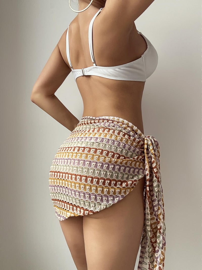 ZAFUL Sarong Coverups for Women Colorblock Stripes Crochet Semi Sheer Tie Side Bathing Suit Cover Up Mini Skirt (3-Apricot, One Size) - Image 4