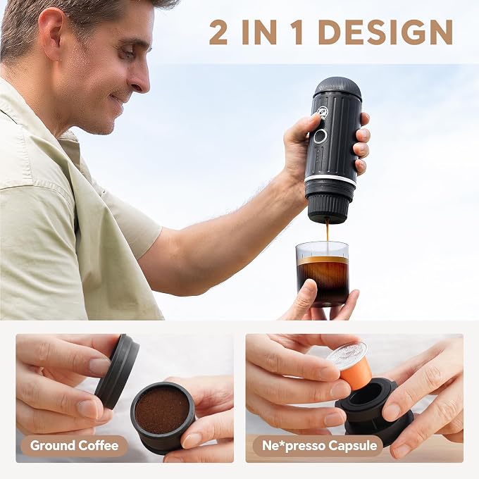 i cafilas Portable Espresso Machine Self-Heating | Battery Powered Coffee Maker for Camping without Electricity| 2-in-1 Ground Coffee&NS Capsule|19 Bar| USB-C Fast Charge| Black Coffee Maker for Car - Image 3