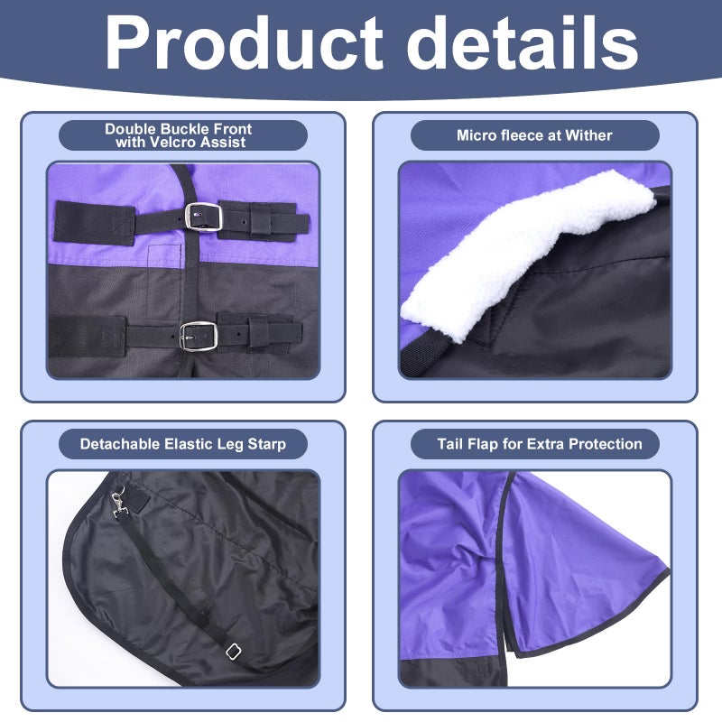 Gallopoff 600 Denier Rip-Stop Horse Rain Sheet Lightweight Waterproof and Breathable Turnout Horse Blanket (No Fill) Violet/Black 78 - Image 2