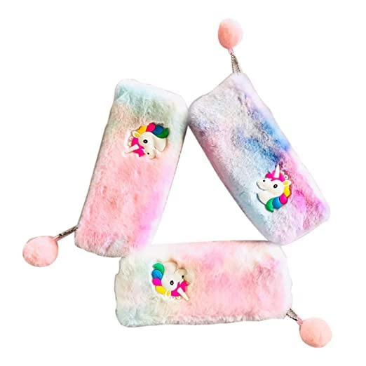 Paaroots Paaroots Pack of 3 Fur Unicorn Rainbow Pencil Pouch Soft Toys for Children Kids Favorite Pencil Box Makeup Cosmetic Travelling Bag Purse for Girls Women  - Image 1