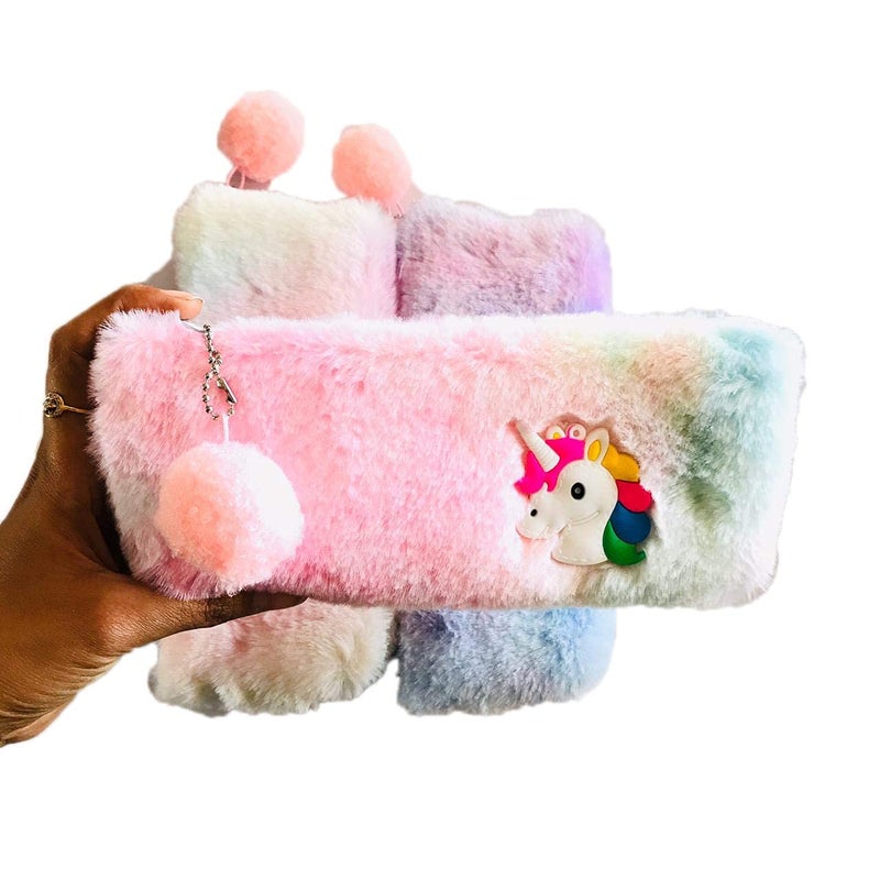 Paaroots Paaroots Pack of 3 Fur Unicorn Rainbow Pencil Pouch Soft Toys for Children Kids Favorite Pencil Box Makeup Cosmetic Travelling Bag Purse for Girls Women  - Image 2