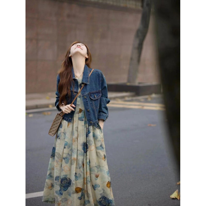 2024 autumn and winter new salt light ripe wind fashion age-reducing ink painting dress with Denim short coat two-piece set Denim jacket